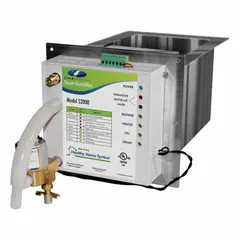 Fan-powered steam in-duct humidifier with a daily output of 16 gallons and a minimum humidity setting of 5%. Designed for installation in HVAC ductwork to add moisture to air streams in commercial or industrial buildings.