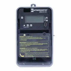 This digital timer switch from INTERMATIC provides 24-hour programmable on/off control for outdoor applications. It features a metal body, surface-mount design, and SPST switching rated for 120-277V AC. Suitable for controlling lighting, pumps, or other loads in industrial or commercial settings.