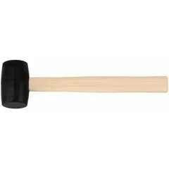 This rubber mallet features a 1-7/8 in diameter, 8 oz black rubber head and a wood handle. Overall length is 12 in. Used for striking surfaces without marring, suitable for assembly, woodworking, and metalworking tasks.
