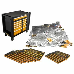 Metric/SAE socket set with 1/4 in, 3/8 in, and 1/2 in drive sizes. Includes 72-tooth ratcheting wrenches. Foam inserts and rolling cabinet provide organized storage. Suitable for automotive repair, industrial maintenance, and mechanical assembly.