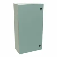 This steel enclosure measures 30 x 16 x 8 inches with a solid hinged cover secured by a 1/4-turn latch. Rated NEMA 12, 3R, and 4, it provides protection against dust, rain, and hose-directed water for indoor or outdoor electrical equipment. Knockouts are not included