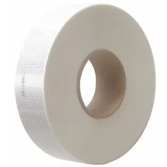 White reflective tape with acrylic adhesive, 6 inches wide by 50 yards long. Designed for high-visibility safety marking on school buses, providing reflectivity in low-light conditions.