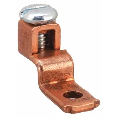 Straight mechanical lug with offset tongue for terminating copper wire. Unplated copper body. Accommodates 14 AWG to 10 AWG wire and 5/32 in stud size. Used in electrical panels, switchgear, and industrial equipment for power and grounding connections.