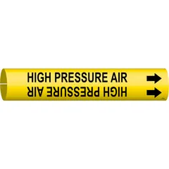 This snap-on pipe marker features a yellow background with black legend text reading 'High Pressure Air' and includes directional arrows. It fits pipe outer diameters from 3/4 to 1-3/8 in. Used to identify high-pressure air lines in industrial piping systems.