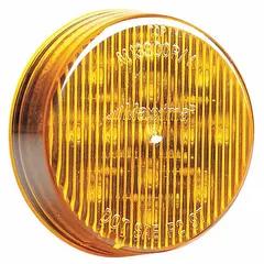 LED round surface mount clearance light with amber lens, grommet mount, and pigtail electrical connection. SAE P2 rated for side-marker visibility on trailers, trucks, and heavy equipment.