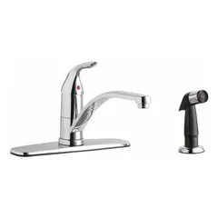 This single-post kitchen faucet from the 430 Series is constructed of brass and features a deck-mount design with four mounting holes. Operated by a single handle, it is suited for commercial or residential kitchen sinks requiring a low-arc spout and reliable water delivery.