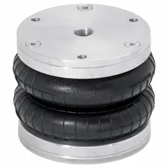 Chloroprene double convolution air actuator with compressed height 80 mm and extended height 140 mm. Delivers 1.5 kN at 4 bar. Features G3/8 port and center attachment. Used for vibration isolation, material handling, and actuation in industrial applications.
