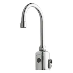This single-post sensor bathroom faucet from the HyTronic Gooseneck series is constructed of cast brass with a polished chrome finish. It includes mounting hardware for installation. Suitable for touch-free handwashing in commercial restrooms and public spaces.