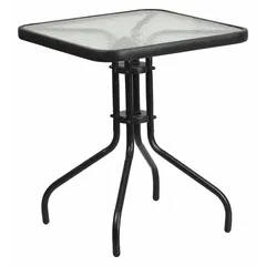 This square top patio table features a clear glass tabletop and a black metal frame. Overall height is 28 inches and overall width is 23 1/2 inches. Suitable for outdoor dining or casual seating on decks, patios, and balconies.