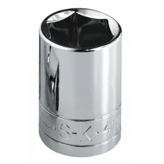 This 3/8" drive hand socket features a 22 mm 12-point standard configuration and is constructed from chrome. It is used for tightening or loosening metric fasteners with a 22 mm head in automotive repair, machinery maintenance, and industrial assembly.