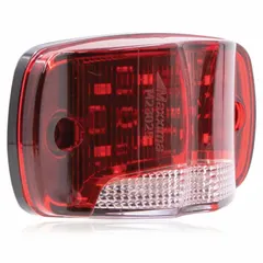 LED rectangular surface mount marker light with white lens providing red/white illumination. Designed for hole mounting and features bullet connectors for electrical connection. Used on vehicles and equipment for side or rear marking to indicate width and position.