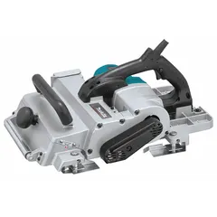 This MAKITA corded hand planer operates on 120V AC with a 15A motor delivering 12,000 RPM. It features a 12-1/4 in blade width and 1/8 in maximum cutting depth. Suitable for smoothing and dimensioning wood surfaces in carpentry, cabinetry, and construction tasks such as trimming doors, fitting windows, and leveling boards.