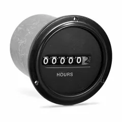 Front-panel-mounting electromechanical hour meter with dimensions of 2 5/8 in x 3 in, operating on 90 V AC – 115 V AC. CE certified. Used to record operating hours of industrial equipment for maintenance scheduling and warranty tracking.