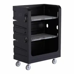 Vertical cube truck with wire construction, 48 in L x 29 in W x 69 in H. Equipped with (2) rigid and (2) swivel casters with black rubber wheels. Used for transporting and storing bulk materials in warehouses, distribution centers, and manufacturing facilities.