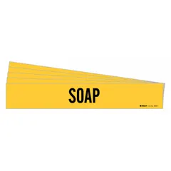 Yellow adhesive pipe markers with black legend reading 'Soap', designed for pipes with outer diameters from 2-1/2 to 7-7/8 inches. Each pack contains 5 markers without directional arrows, used to identify pipes carrying soap in industrial piping systems.