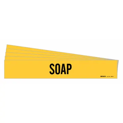 BRADY Pipe Marker: Soap, Yellow, Black, Fits 2 1/2 to 7 7/8 in Pipe O.D., 1 Pipe Markers - Soap Adhesive Pipe Markers