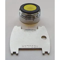 This brass aerated flow outlet features a chrome finish and a 13/16"-27 male UNS connection. It includes a spanner wrench for installation. Commonly used in commercial faucet systems to deliver a controlled aerated flow, it is suitable for restrooms, kitchens, and laboratory sinks.