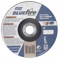 This NORTON BlueFire RightCut cut-off wheel is a Type 27 depressed center wheel measuring 6 inches in diameter, 1/16 inch thick, with a 7/8 inch arbor hole. It features 24-grit zirconia alumina abrasive, designed for high-performance cutting of carbon and stainless steel. Commonly used in metal fabrication, maintenance, and repair tasks
