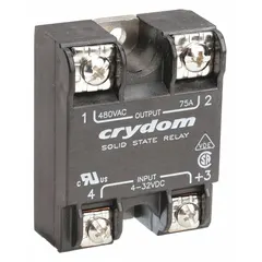 Panel-mounted solid state relay with SCR output for switching AC loads. Form A (SPST-NO) configuration, screw-clamp terminals. Input current 12 mA, output voltage 48 to 530 VAC, maximum output current 75 A. Not finger-safe; operation without heat sink not recommended.