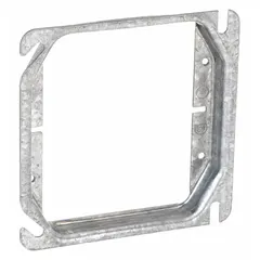 Steel plaster ring with a raised cover design. Overall dimensions 4 by 4 inches with a 5/8 inch raised height. Used to extend an electrical box to the finished wall surface for flush installation of switches and outlets, accommodating thicker wall materials such as plaster or tile.