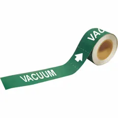 Green-on-green adhesive pipe markers with legend 'Vacuum' and directional arrows for flow indication. Each marker fits pipe O.D. 1-1/2 to 2 in. Supplied on a roll of 25 markers for identification of vacuum piping in industrial facilities.
