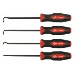 This steel hook and pick set includes four tools with 45° angle, 90° angle, hook, and straight tips. The screwdriver-style handle provides a secure grip. Commonly used for retrieving O-rings, gaskets, and small parts in confined spaces.