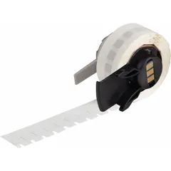 Precut label roll with 1/4 in x 1/4 in polyimide labels in white gloss finish. Compatible with M610 printer series. Used for industrial identification, circuit board labeling, asset tracking, and component marking in manufacturing and electronics.