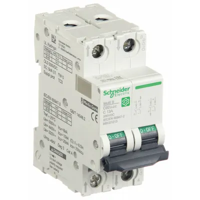 SCHNEIDER Supplementary Protector: 13 A Amps, 500V DC, 5kA at 250V DC, Screw Clamp - DC-Only Rated, 2-Pole UL1077 DIN Rail-Mount Supplementary Protectors