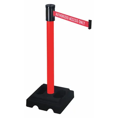 RETRACTA-BELT Barrier Post with Belt: Red, No Pattern, Authorized Access Only, 15 ft Belt Lg - Message Retractable Belt Post Barriers