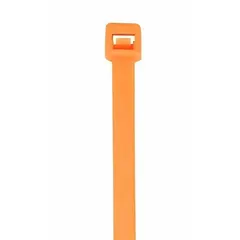 Orange cable tie for indoor bundling and organizing wires, cables, or hoses. Nominal length 14.5 inches, width 0.19 inches, maximum bundle diameter 4 inches. Pack of 100. Not rated for outdoor use.