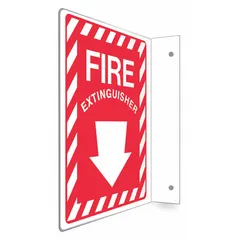 L-shaped projection sign for marking fire extinguisher locations. Nominal size 12 in x 9 in with mounting holes for secure attachment. Not retroreflective, no glow-in-the-dark or anti-slip features. Suitable for indoor use in commercial and industrial settings where clear identification of fire safety equipment is required.