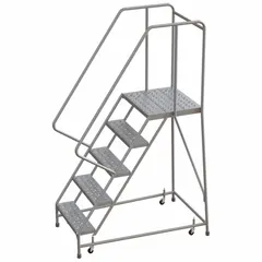 Assembled aluminum weight-actuated ladder with a 4.2 ft platform height. Perforated steps and gray finish. Handrails included. Weight-actuated casters lock when stepped on for stability. Used for elevated access in warehouses, stockrooms, and industrial facilities.