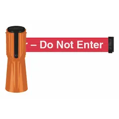 Plastic barrier tape belt designed for use with traffic cones. Features a 9-inch white belt with 'Do Not Enter' legend and an orange housing. Maximum belt length is 11 7/8 ft; overall height is 3/4 ft. Used to mark restricted areas in construction zones, facility maintenance, and event crowd control.