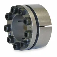 This keyless bushing from TSUBAKI is a multi-screw locking assembly type designed for mounting components such as pulleys or sprockets onto shafts without keys or keyways. It is made of carbon steel, has an outer diameter of 2 35/64 inches and a width of 1.224 inches. The inch-system bushing provides a concentric grip for power transmission applications requiring precise positioning and zero backlash