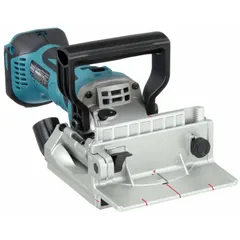 This cordless biscuit joiner operates on the 18V LXT platform and is sold as a bare tool without battery or charger. It features a maximum cutting depth of 3/4 inch with six depth settings for precise slot cutting. Suitable for wood joinery in furniture assembly, cabinetmaking, and trim work.