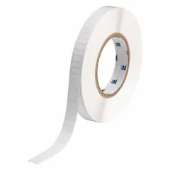 White gloss polyester precut label roll measuring 3/16 in x 1/2 in with a 13/64 in type. Rated for temperatures from -40°F to 248°F. Compatible with BBP81 printer series for on-demand industrial labeling applications such as electrical panel identification, cable marking, and asset tracking.