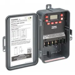 The TORK EWZ101 is a digital timer switch with a plastic body for indoor surface mounting. It features 7-day astronomic functionality, automatically adjusting schedules based on sunrise and sunset. The switch operates on 120-277V AC with a single-pole, single-throw (SPST) contact configuration. Typical applications include indoor lighting and load control in commercial and industrial facilities.