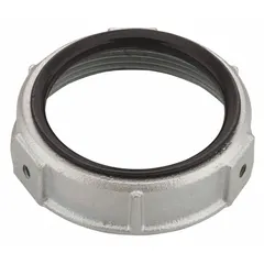 Zinc-plated iron insulating bushing with a 4-inch trade size and 15/16-inch overall length. Provides a smooth, insulated surface to protect cables from abrasion and damage where they pass through metal enclosures or conduit. Used in electrical panels, junction boxes, and similar installations.
