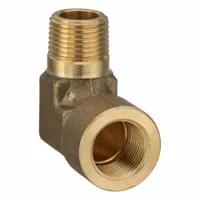 This 90° elbow fitting connects 3/8 in lines with a female BSPP thread on one end and a male BSPT thread on the other. Rated for a maximum operating pressure of 1,000 psi, it is used to change fluid direction in high-pressure piping systems
