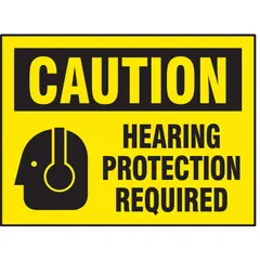 This 8-pack of adhesive-mounted caution signs alerts personnel to wear hearing protection in noisy areas. The signs are not retroreflective, not glow-in-the-dark, and have no anti-slip surface. They are suitable for mounting on walls or equipment in industrial environments where hearing protection is required.