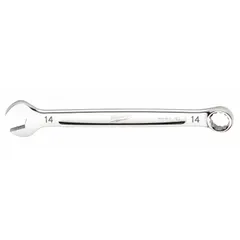 Chrome-finished combination wrench with 12-point box end and open end. 14 mm head size, 7 3/8 in overall length. Used for tightening and loosening metric fasteners in automotive, machinery, and industrial applications.