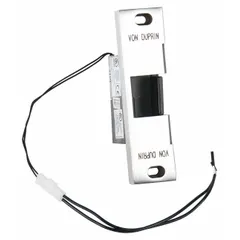 This electric strike combines cylindrical and mortise configurations in a stainless steel housing. It operates on 24V input voltage and is rated for heavy-duty performance. Typically used in access control systems to electronically secure or release a door latch in commercial and industrial settings.