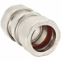 This compression conduit coupling connects two lengths of EMT conduit, forming a rigid, watertight joint. Made of 316 stainless steel with a polished finish, it resists corrosion in harsh environments. Suitable for use in industrial, commercial, and marine applications where a secure, grounded connection is required. UL listed