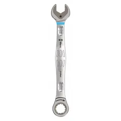 This SAE spline ratcheting combination wrench is constructed from alloy steel with a nickel chrome finish. It features an 11/16 in head size and a 9 1/4 in overall length. The ratcheting mechanism enables fastener tightening and loosening in confined spaces without repositioning the tool. Suitable for general maintenance, automotive repair, and mechanical assembly tasks.