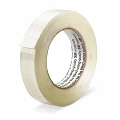 White heavy-duty strapping tape, 1 inch wide by 180 feet long, with a 6 mil thickness. Used for bundling, palletizing, and securing cartons in industrial shipping and warehousing applications.