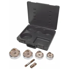 This knockout punch set includes punches and dies for 2-1/2 in, 3 in, 3-1/2 in, and 4 in conduit. It comes with a draw stud, sleeve, and plastic case. Used for creating holes in electrical enclosures and panels for conduit entry.