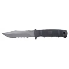 General-purpose fixed blade knife with a 4-3/4 in serrated steel blade and 9 in overall length. Glass-filled nylon handle provides a secure grip. Suitable for cutting, slicing, and utility tasks in industrial, outdoor, and maintenance settings.