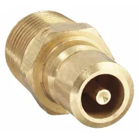 Brass-bodied quick-connect coupling plug for hydraulic systems. Features 3/8"-18 thread size and maximum flow rate of 22.71 lpm. Used for rapid, leak-free connection and disconnection of hoses in fluid transfer applications