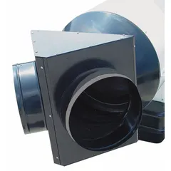 Steel duct adapter designed for use with indirect-fired portable oil and kerosene torpedo heaters. Measures 12 inches in diameter with a 0.03-inch thickness. Used to connect ducting for directing heated air into confined spaces in construction, industrial, or agricultural settings.