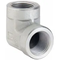 Female NPT threaded x female NPT threaded pipe elbow, 1 1/4 in x 1 1/4 in, rated for 1,500 psi maximum operating pressure. Used to connect two pipes at a 90-degree angle in hydraulic, pneumatic, and industrial fluid systems